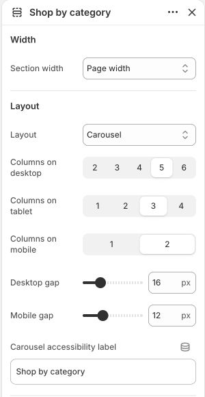 Collection list settings showing Layout, desktop and mobile columns, and gap controls.